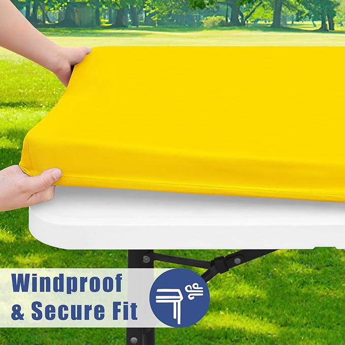 Moosfor Spandex 4 Foot Rectangle Table Cloth 2 Pack, Elastic Fitted Tablecloths for Picnic, Stretch Washable Patio Table Cover for Outdoor, Camping, Banquet and Parties (Yellow, 30"x48")