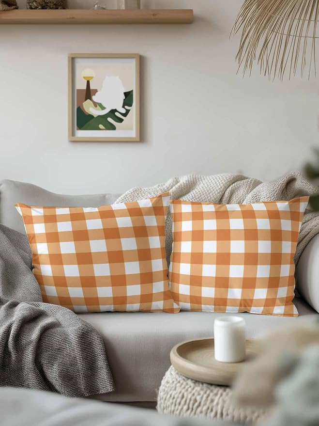 Waterproof Outdoor Pillow 1 Pack Orange Buffalo Plaid Decorative Throw Pillows Cover & Insert 18x18 Inch Pillowcase Check Lines Square Pillows for Couch Sofa Bed Patio Furniture Indoor Outdoor