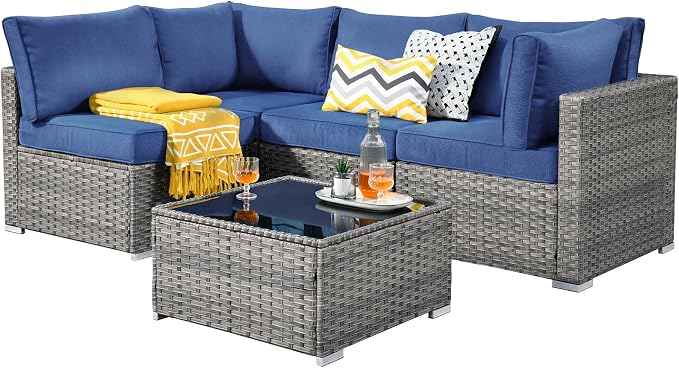 Weaxty 5 Pieces Patio Furniture Sets,Wicker Outdoor Sectional Sofa with Thicken Cushion and Rattan Coffee Table,Patio Conversation Couch Set for Porch, Balcony,Yard, Poolside,Navy Blue