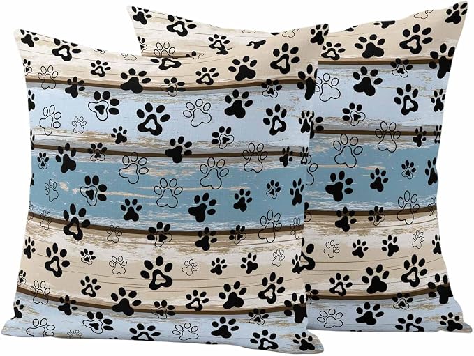 Outdoor Pillow Covers,Funny Dog Paw Farm Wood Grain Decorative Throw Pillow Cover Waterproof Pillowcase Set of 2,Linen Cushion Case for Sofa Couch Bed 18x18 Inch,Retro Blue Wooden