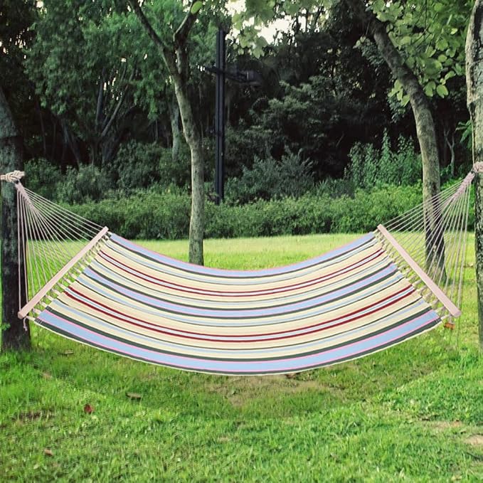 HomVent 2 Person Hammock Swing, Portable Double Hammock Bed Camping Hammock with Wooden Poles for Outdoor Patio Backyard Poolside (Printing Beige)