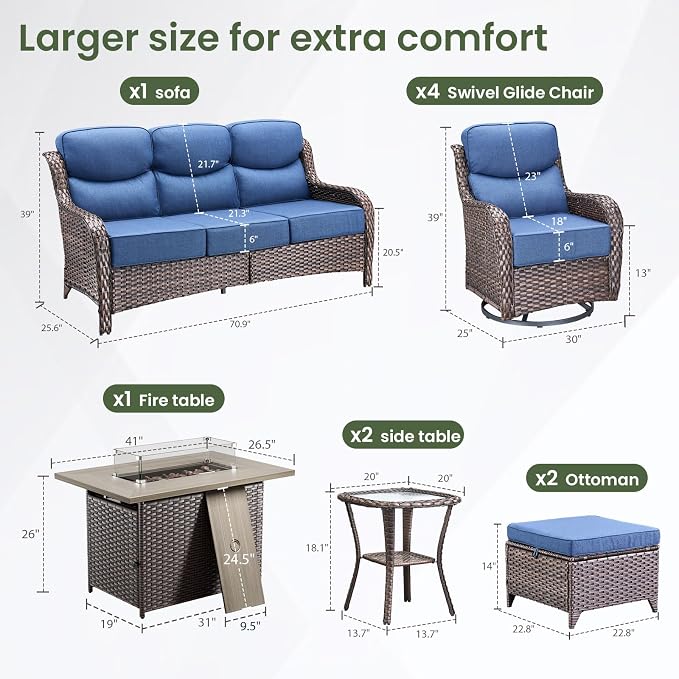 Luxury Patio Furniture Set 10pcs with 6-inch Cushion, Outdoor Furniture with Fire Pit Table, Swivel Chairs, Sofa, Side Table, Ottomans, Patio Set for Deck Yard Brown Wicker | Blue Cushions