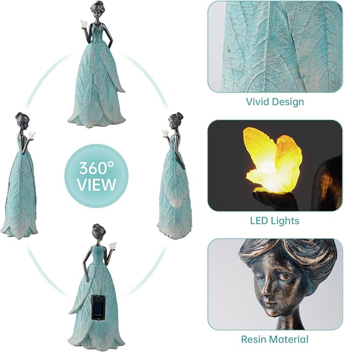 VChymm Solar Fairy Statue Collection Home Decoration 12.9 in - Leaf Angel Girls Resin Home Garden Decor for Outside or Inside Rustic Fairy Garden Outdoor Yard Figurines Gifts for Women