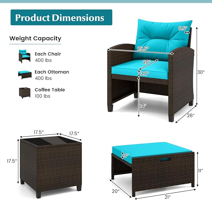 Tangkula 5 Pieces Patio Conversation Set, PE Wicker Outdoor Furniture Set with 2 Chairs, 2 Ottomans & Tempered Glass Coffee Table, Ideal for Poolside, Backyard, Lawn, Deck, Mix Brown & Turquoise
