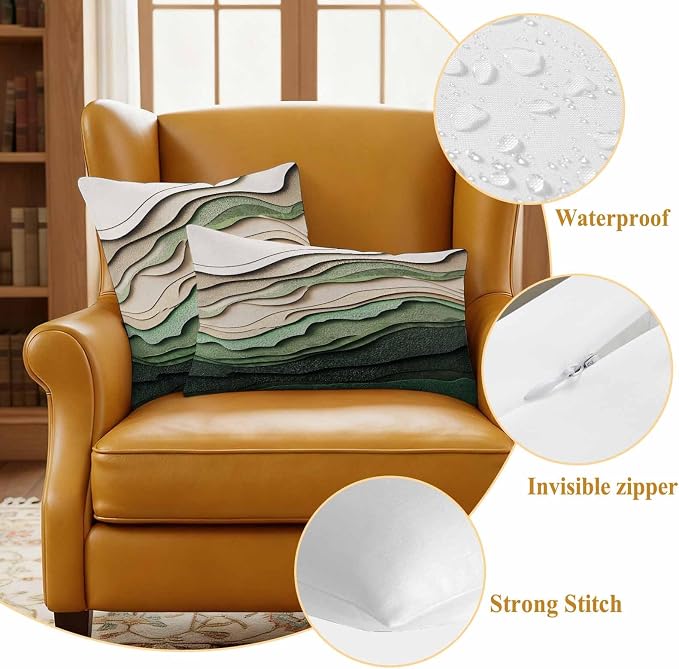 Abstract Wave Texture Outdoor Waterproof Throw Pillow Covers Set of 2, 20"x20", Retro Watercolor Bump Decorative Pillow Covers Outside Cushion Case for Patio Porch Garden