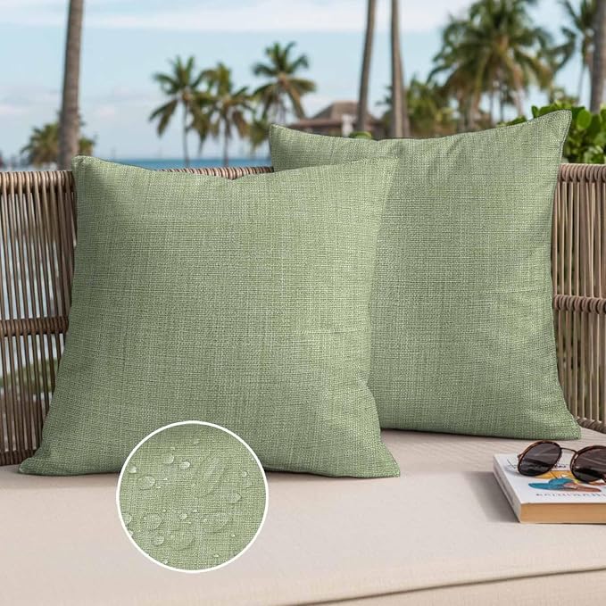 Pack of 2 Waterproof Outdoor Pillow Covers 24x24 Inch Decorative Pillow Covers Vintage Sage Green Throw Pillowcases Farmhouse Retro Beige Solid Color Outdoor Cushion Cover for Couch, Patio, Tent
