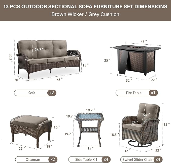 Belord Grand 13 Pieces Outdoor Patio Furniture Set with 4 Swivel Glider Chairs and 50000 BTU Propane Fire Pit Table, Patio Conversation Set with Sofa and Wicker Side Table for Big Garden Backyard
