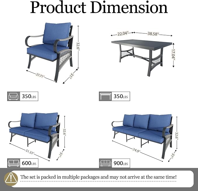 5 Pieces Patio Conversation Sets, All Weather Metal Outdoor Furniture Set with Sectional Sofa Loveseat Couch for Backyard Garden Deck Porch Poolside (Blue Cushions)