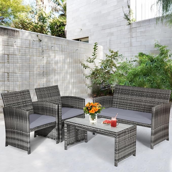Outdoor Conversation Set, 8 Pieces Wicker Patio Furniture Set with Ergonomic Curved Design, Patio Chair Set with Water-Resistant Cushion & Tempered Glass Table for Backyard, Porch(Gray)