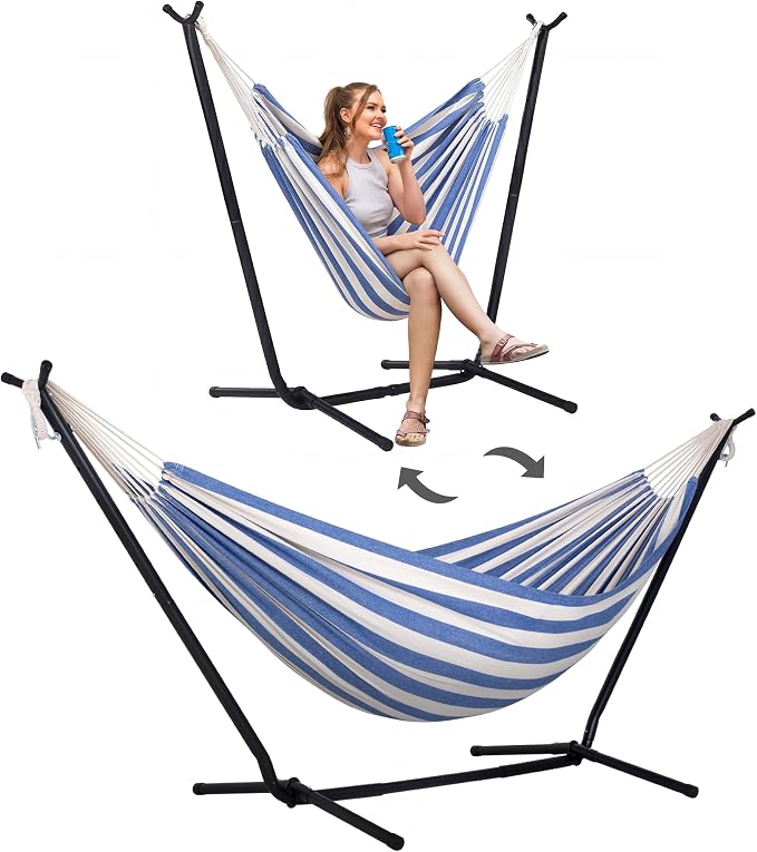 SUNCREAT 2-in-1 Convertible Backyard Fabric Hammock with Stand, Large Hammocks for Outside, Blue White