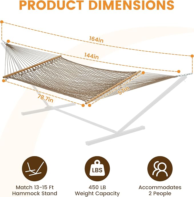 Lazy Daze Hammocks 12FT Double Rope Hammocks, 2 Person Hand Woven Cotton Hammock with Spreader Bar, Carabiner, Tree Strap, Chain for Outside, FIT 13-15 FT Stand, Max 450 Lbs, Brown