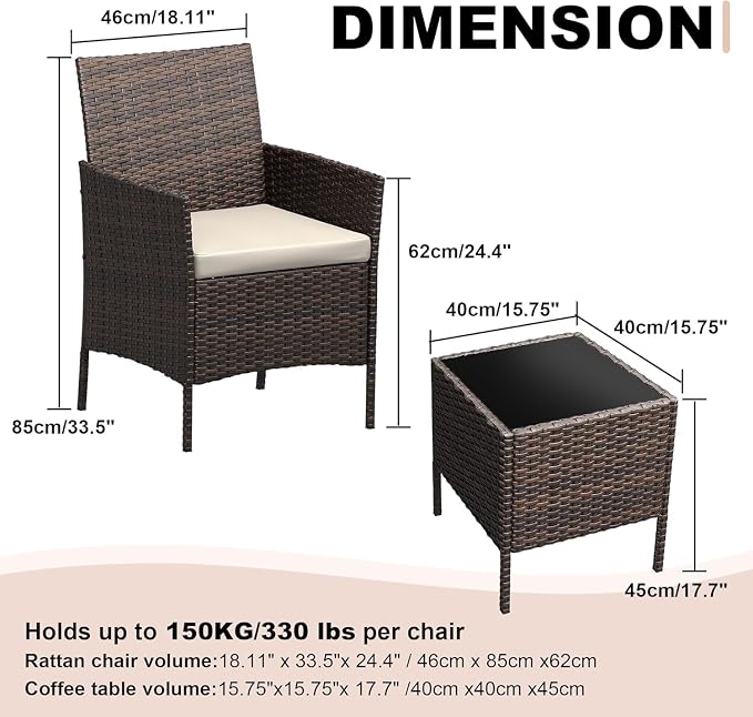 GAOMON 3 Pieces Outdoor Patio Furniture Set, PE Rattan Porch Chairs with Soft Cushion and Glass Coffee Table, Outdoor Patio Set for Backyard Porch Poolside, Brown and Beige