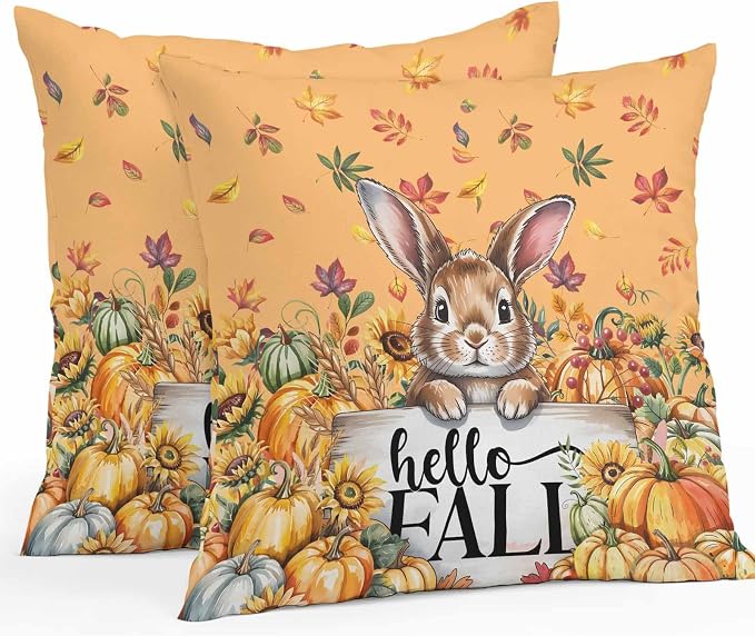 Thanksgiving Rabbit Outdoor Waterproof Pillow Covers, Orange Pumpkins Fall Leaves Flowers Decorative Square Throw Pillowcase Sofa Cushion Sham for Patio/Couch/Chair, 26"x26" 2 Pack