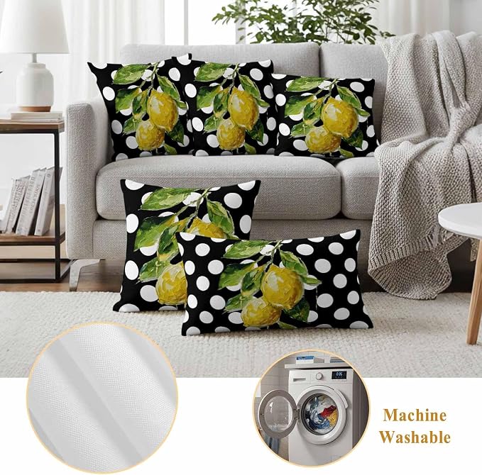 Waterproof Pillow Covers Set of 2,Farmhouse Yellow Lemon Green Leaf Outdoor Pillow Protectors with Zipper Pillowcases for Patio Tent Garden Beach 18x18 Inches Black White Polka Dot