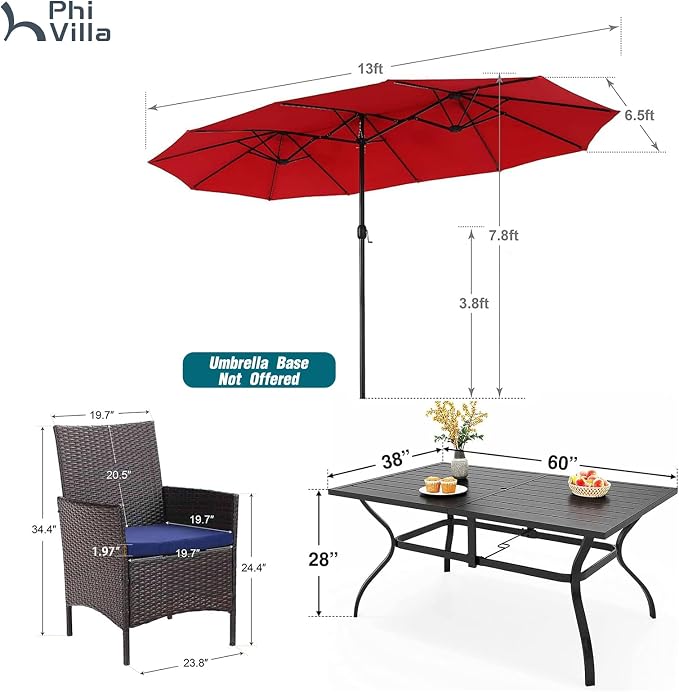 PHI VILLA 7pc Patio Dining Set w/Umbrella, Rectangular Table, Rattan Chairs | Outdoor Dining Set for 6, 60” Metal Table & 6 Cushioned Rattan Chairs with Red Umbrella for Outdoor, Deck, Yard, Porch