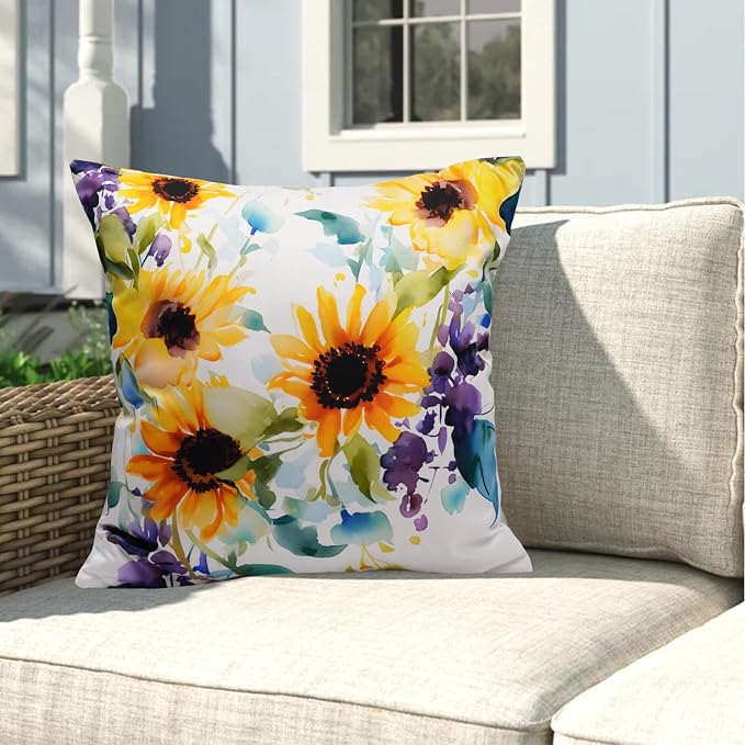 Pack of 2 Waterproof Outdoor Pillow Covers 18x18 Inch Spring Summer Sunflower Pillow Covers Decorative Square Patio Pillows Outdoor Pillows Covers for Patio Furniture Garden(No Pillow Insert)