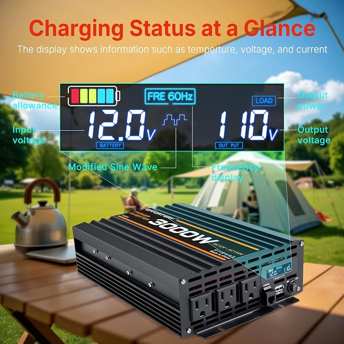 3000W Power Inverter, 12V DC to 110V/120V Modified Sine Wave Inverter with 3 AC Outlets, USB Port, Wired Remote Controller, Car Power Inverter for RV, Truck, Boat, Camping, Off-Grid