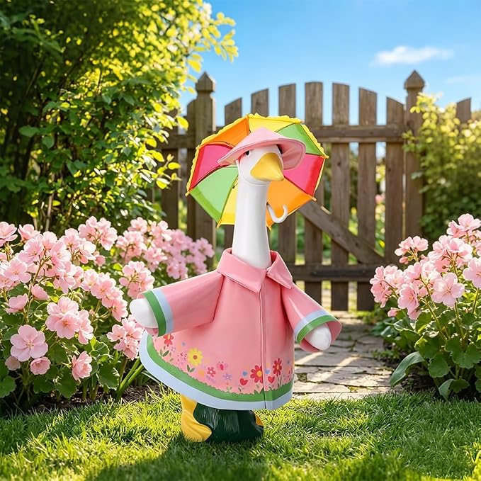 Raincoat Porch Goose Outfits with Umbrella Hat, Goose Spring Outfit Lawn Goose Raincoat Clothes Costume Fits 23" Geese Statue, Summer Garden Lawn Patio Yard Outdoor Decor (Raincoat-pink flower)