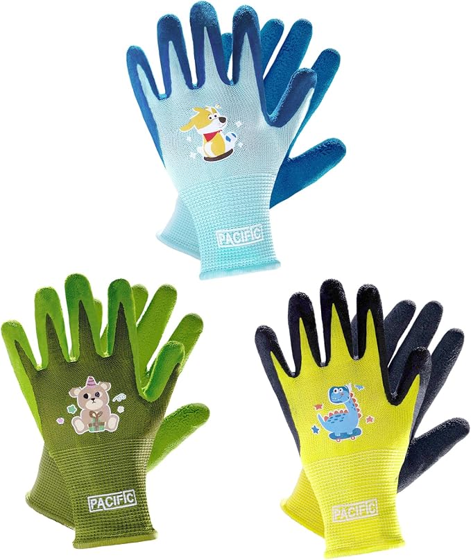 PACIFIC PPE 3 Pairs Kids Gardening Gloves for Age 5-9, Toddler Rubber Coated Garden Gloves, Kids Work Gloves, for Children, Boys and Girls, Multicolor, XXS