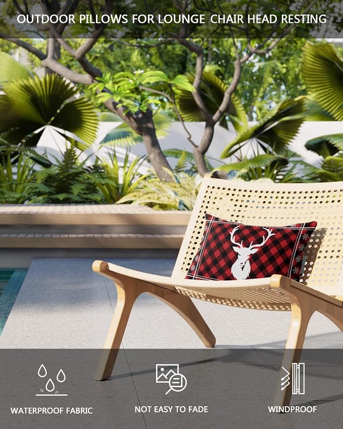 Outdoor Pillows Covers with Inserts Christmas Elk Snowflake Red and Black Plaid Waterproof Recliner Pillow with Adjustable Strap Throw Pillows for Patio Furniture Pool Lounge Chair, 11x16 inch, 1PCS