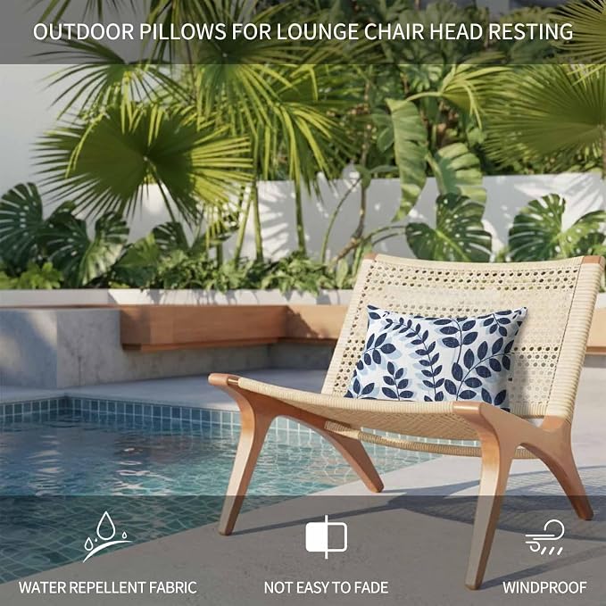 Chaise Lounge Headrest Pillow 1 Pack, Navy Blue Leaves Waterproof Chair Pillows with Insert & Adjustable Elastic Strap for Beach Recliner, Summer Farmhouse Botanical Boho Branch Outdoor Patio Pillow