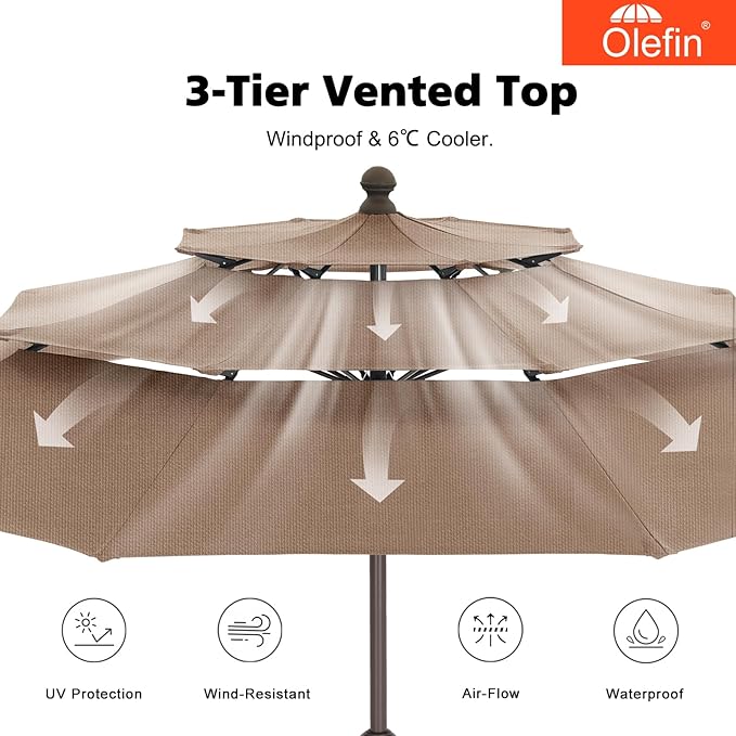 MASTERCANOPY 9ft 3-Tier Olefin Patio Umbrella with Tilt Crank, 5-Year-Non-Fading Canopy & 8 Fiberglass Ribs for Deck, Patio, and Garden, White