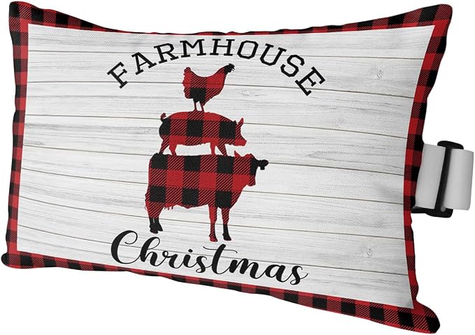 Outdoor Pillows Covers with Inserts Farmhouse Christmas Pig Cock Cow Buffalo Plaid Waterproof Pillow with Adjustable Strap Throw Pillows for Patio Furniture Recliner Lounge Chair, 11x16 inch, 1PCS