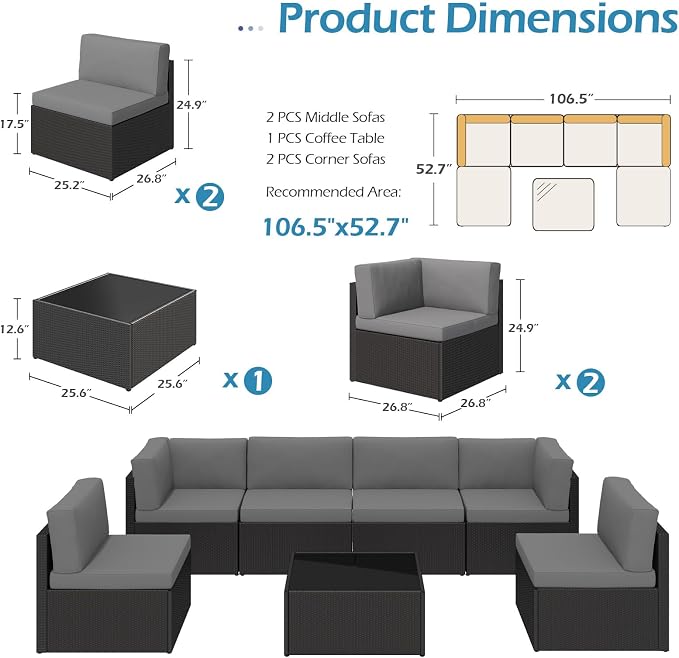 U-MAX 7 Piece Outdoor Patio Furniture Set, PE Rattan Outdoor Wicker Sectional Furniture Chair Set with Cushions and Tea Table, Black Rattan and Dark Grey Cushion