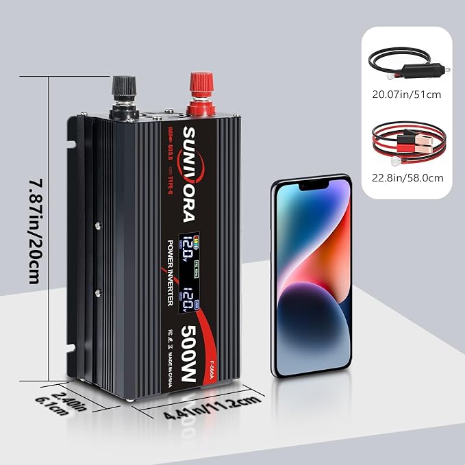 500 Watt Car Power Inverter 12V DC to 110V/120V AC Converter 1000W Peak with LCD Display, 2 AC Outlets & PD Type-C & USB 3.0, Car Plug in Adapter Outlet Supplies Power to Appliances on Car Boat