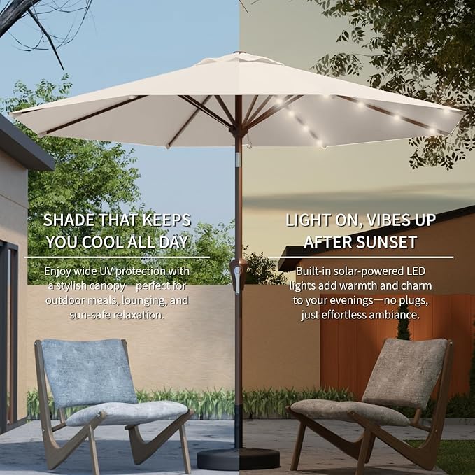 9FT Solar Umbrella 32 LED Lighted Patio Umbrella Table Market Umbrella w/Tilt and Crank, UV-Resistant Outdoor Umbrella for Pool, Garden, Deck, Creamy White