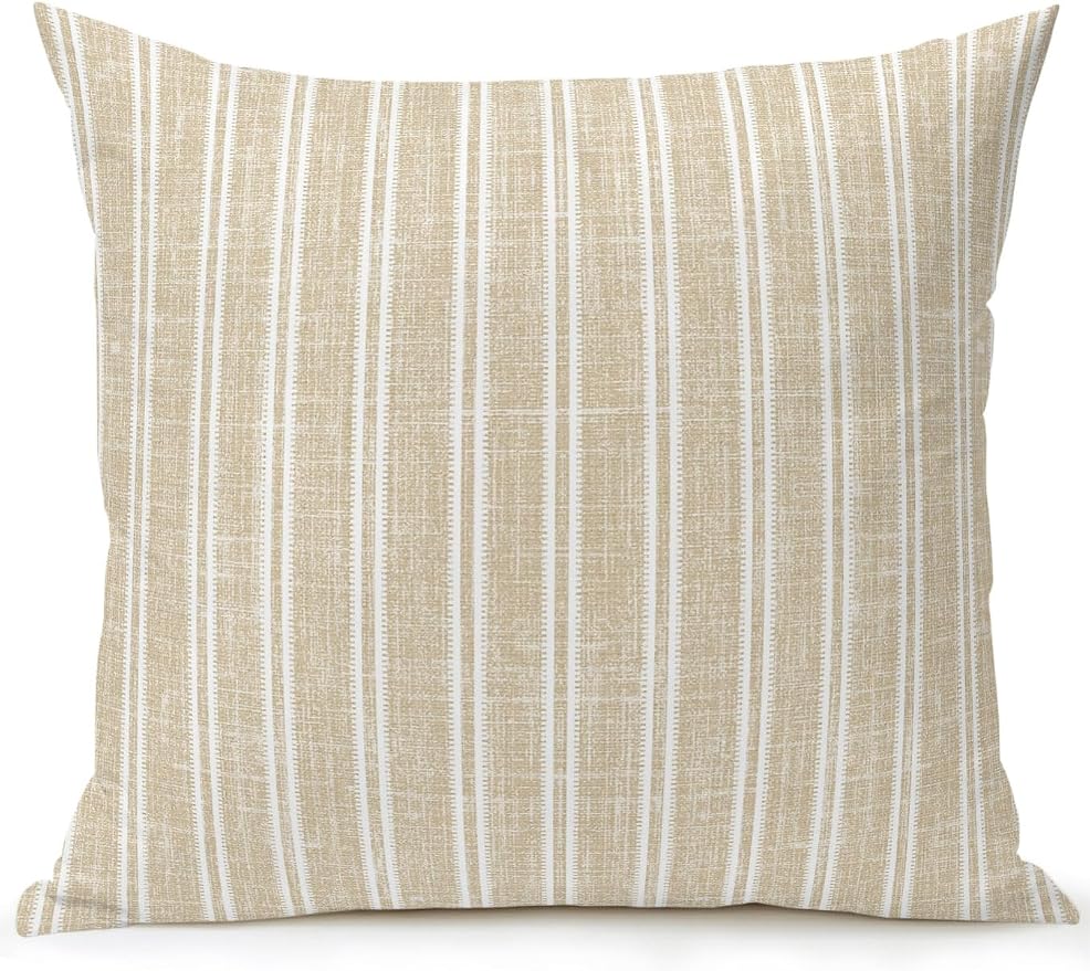 Waterproof Outdoor Pillow 1 Pack Beige Linen Striped Decorative Throw Pillows Cover & Insert 18x18 Inch Pillowcase Vertical Stripes Lines Pillows for Couch Sofa Bed Patio Furniture Indoor Outdoor