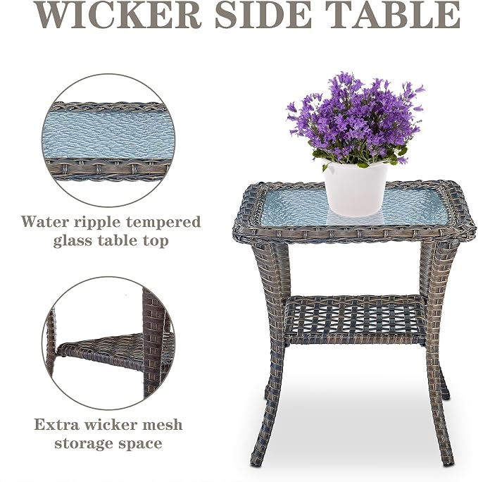 Belord Wicker Porch Rocking Chairs - 3 Pieces Patio Bistro Set High Back Outdoor Rocker Chairs Set with Side Table for Deck Balcony Brown