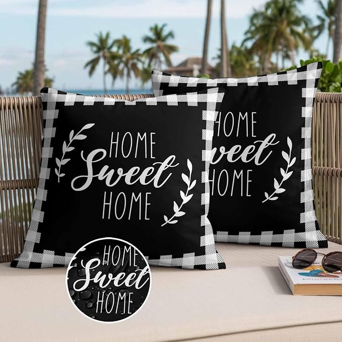 Home Sweet Home Waterproof Outdoor Pillow Covers Set of 2 Home Decor, Leaves Black Buffalo Plaid Pillowcase Patio Pillow Covers for Couch Bench Patio Furniture Garden 18x18in
