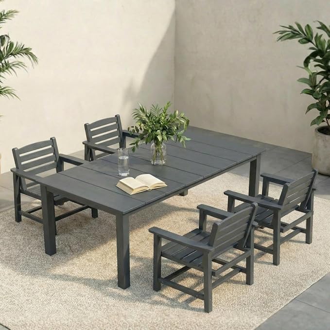 5-Piece Outdoor Dining Set with Aluminum Frame for 4,Gray | HDPE material, 2" umbrella hole, patio table and chairs, ideal for yard, lawn, garden, balcony, deck, poolside