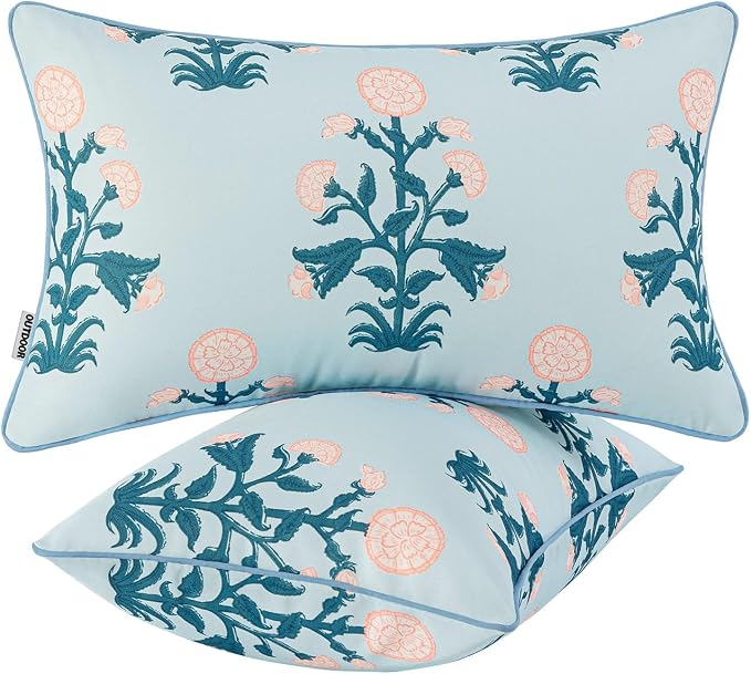 MIULEE Floral Outdoor Lumbar Pillow Covers with Inserts 12x20 Blue Pink | Set of 2 Waterproof Decorative Throw Pillows with Piping,Vintage Fade Resistant, Patio Furniture Summer Garden Couch Sofa