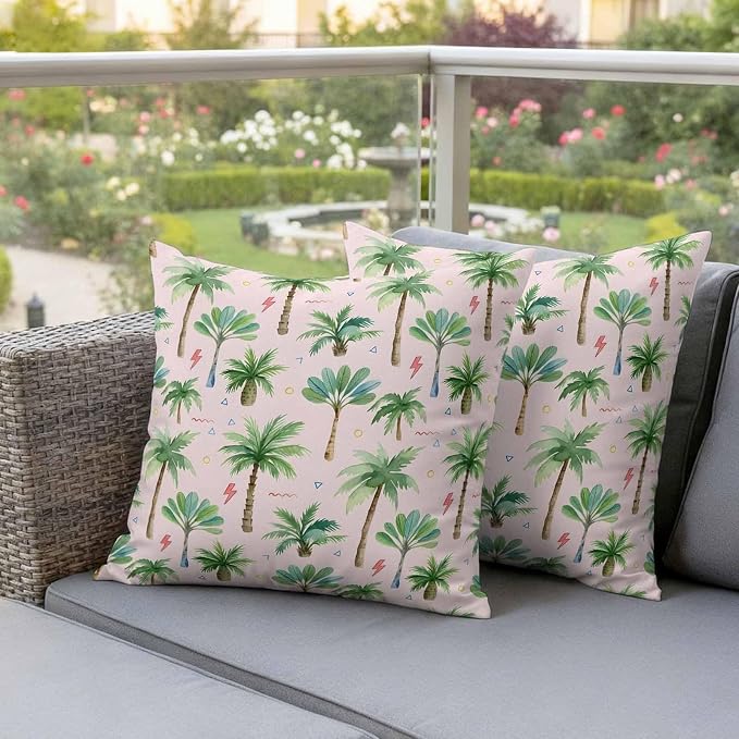 Yukro Tropical Palm Tree Outdoor Waterproof Pillow Covers Pack of 2, Lightning Summer Forest Pink Boho Throw Pillowcases Decorative Cushion Covers for Garden Patio Tent Sofa Couch, 24x24 inch