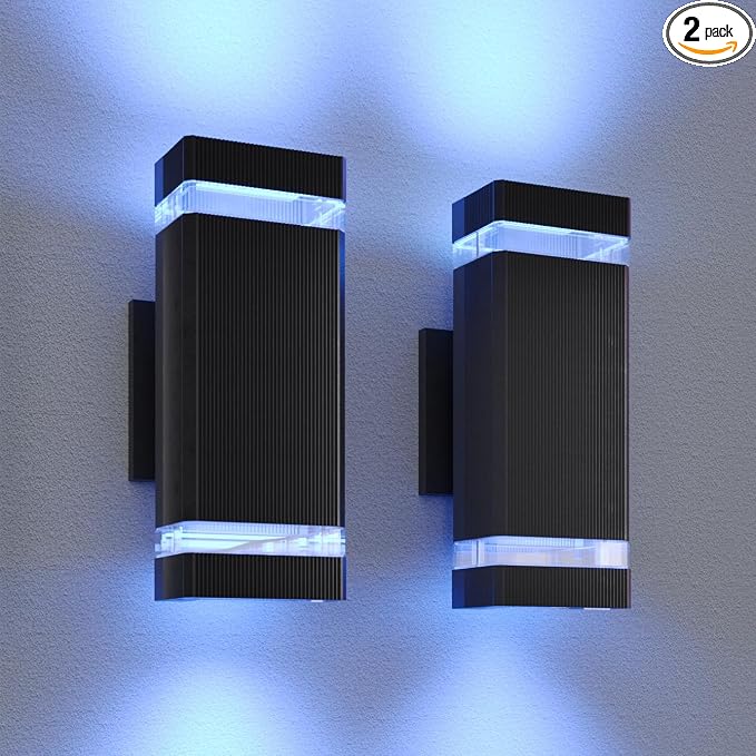 Up Down Outdoor Wall Lights Sconce, Remote Control RGB Color Changing LED Porch Lights Outdoor Wall Mounted, Black Exterior Lights for Garage, Balcony, Front Door - ETL Listed