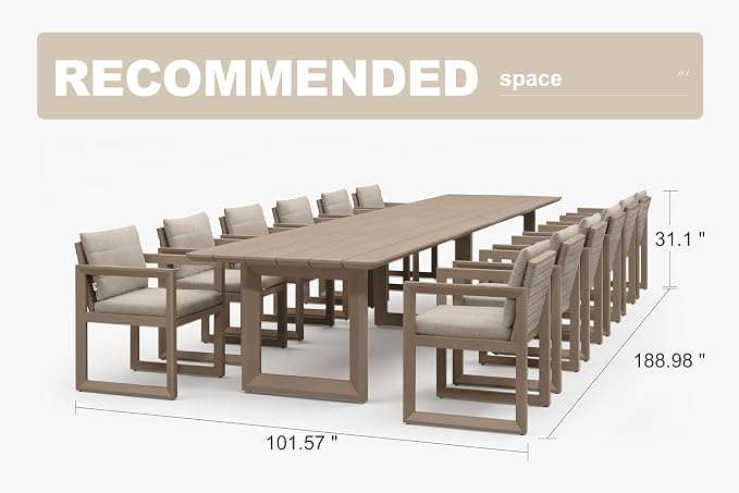 PURPLE LEAF 13-piece Outdoor Dining Set Aluminum Oversize Patio Furniture Table and Chairs Set with All Weather Thick Cushion Rectangular Patio Dining Sets for Large Backyard Garden Poolside, Khaki