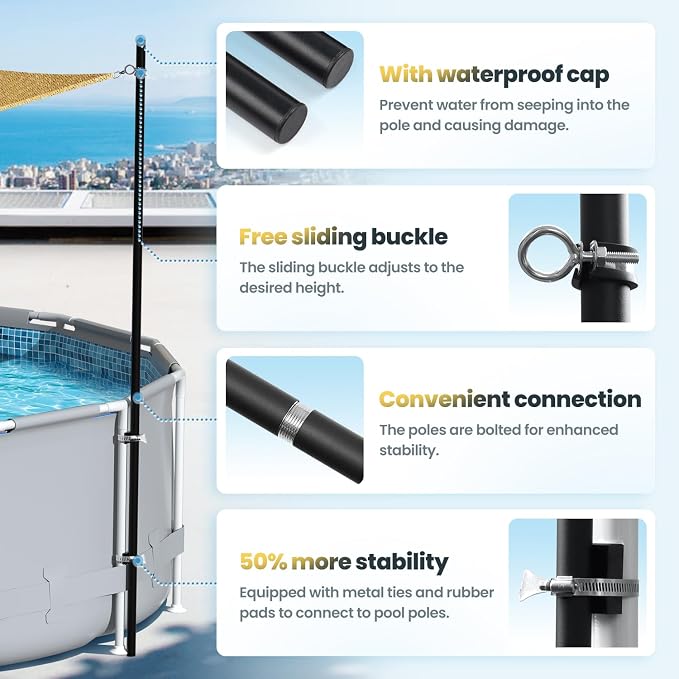 Above Ground Pool Shade Set with Storage Tray – UV-Resistant Shade Sail for 15-22 Ft Pools, Outdoor Triangular Canopy with Sun Shade Poles for Deck, Backyard & Pool Essentials (13x13x13 Ft)