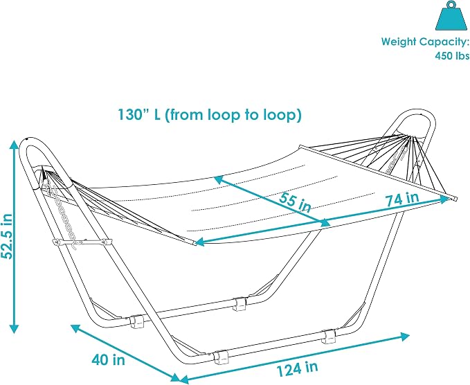 Sunnydaze Quilted Double Hammock with Stand for Outside - 440 lb Capacity Universal Black Steel Stand - UV Resistant, Quick Dry Fabric - Pillow, Chains, and Hardware Included - Misty Beach