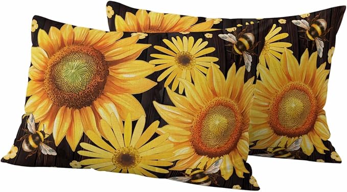 Outdoor Throw Pillow Covers,Yellow Sunflower Daisy Flower Waterproof Decorative Pillowcases Cushion Cover Spring Rustic Floral Bee Black Pillow Cases for Patio Couch Sofa Bed,20x12in Set of 2