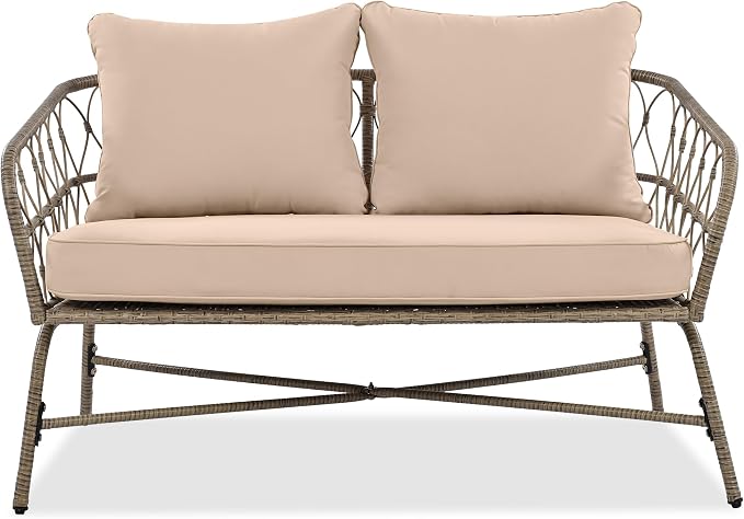 Boho 4 Person Outdoor Seating Group with Wicker and Acacia Wood Table, Patio Conversation Set with Removable Cushions, 4 Piece Outdoor Couch Set for Garden, Backyard, Poolside, Beige