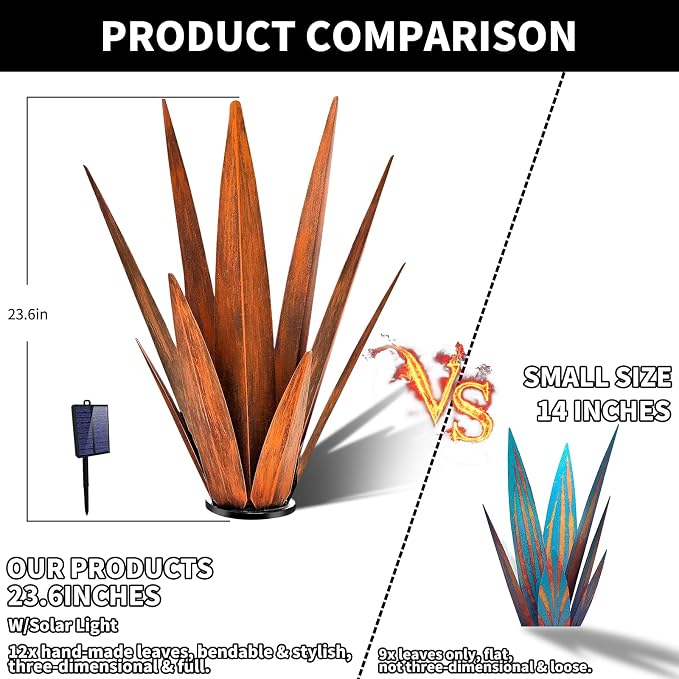 KODIBO 24" Large Metal Agave Plant Outdoor Decor with Solar Light, Rusty | IP65 Waterproof Solar Light, Weather-Resistant Metal, Hand-Painted Finish, Tequila Rustic Sculpture, Southwestern Style Decor