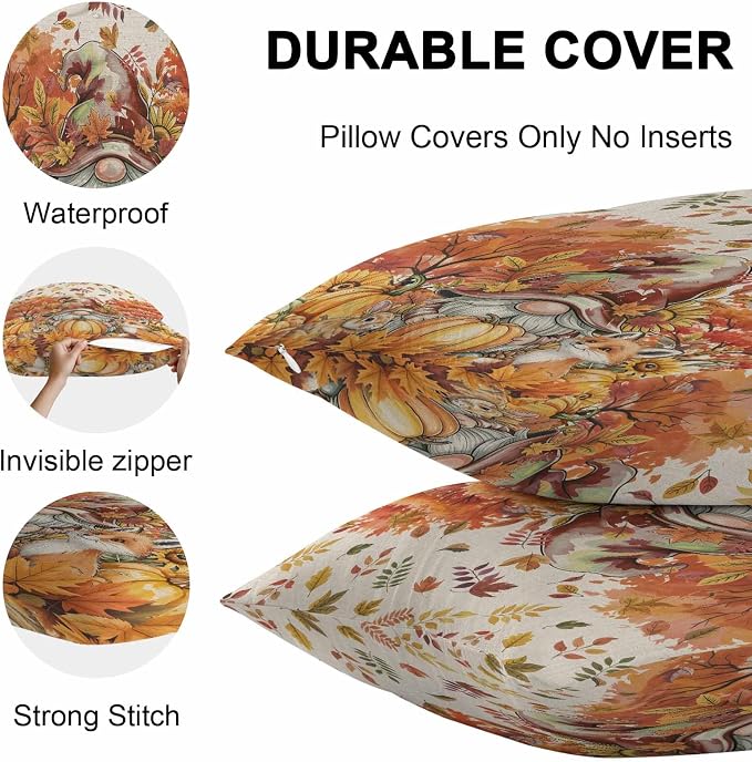 Fall Gnomes Pumpkin Outdoor Waterproof Pillow Covers, Maple Leaves Animal Country Vintage Decorative Square Throw Pillowcase Sofa Cushion Sham for Patio/Couch/Chair, 24"x24" 2 Pack