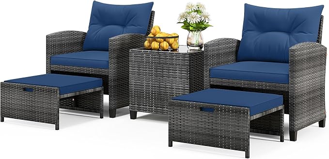 ORALNER 5 Pieces Patio Furniture Set with Ottoman, Wicker Conversation Set w/Cushions, Glass Coffee Table, Outdoor Lounger Rattan Chairs Bistro Set for Porch Balcony Garden Deck Poolside (Navy)