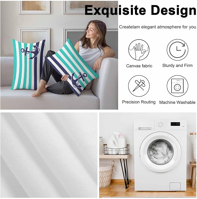 Lumbar Pillow Covers 20x12 Inch Set of 2, Anchor Turquoise Waterproof Outdoor Cushion Covers, Modern Navy Blue White Striped Nautical Decorative Pillowcases for Couch, Sofa, Bed, Garden, Patio