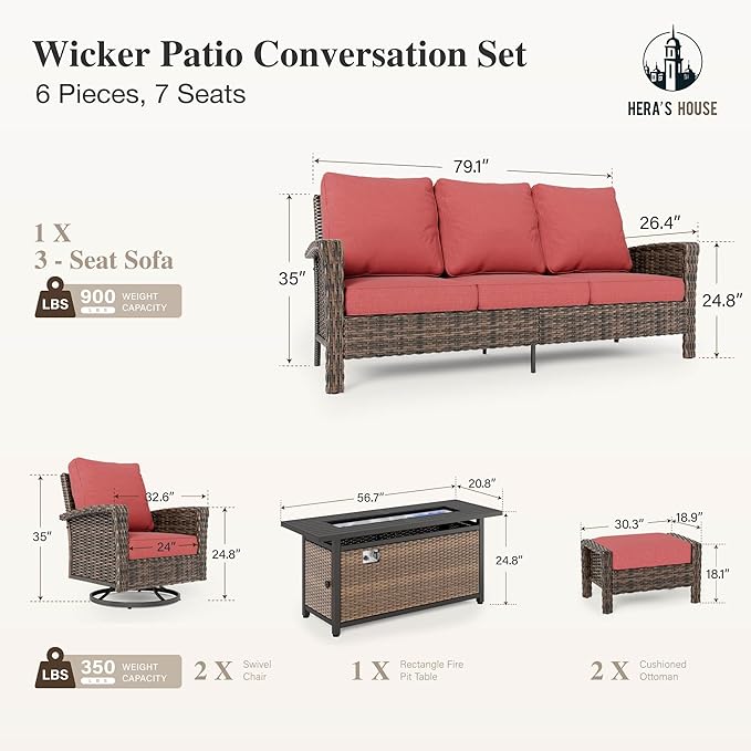 HERA'S HOUSE Red Patio Furniture Set, 6-Piece Outdoor Seating Conversation Sets with High Back Wicker Sofa, Swivel Chairs with 5.5" Thick Cushions, Fire Pit Table & Ottomans for Deck Yard Garden