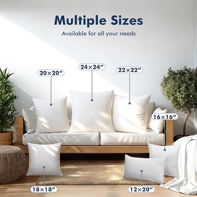 4 Pack 16x16 Outdoor Pillows, Water Resistant Throw Pillow Inserts | Square Waterproof Pillows, Decorative Pillow for Patio & Couch, Fluffy & Supportive, Convenient Zipper Design