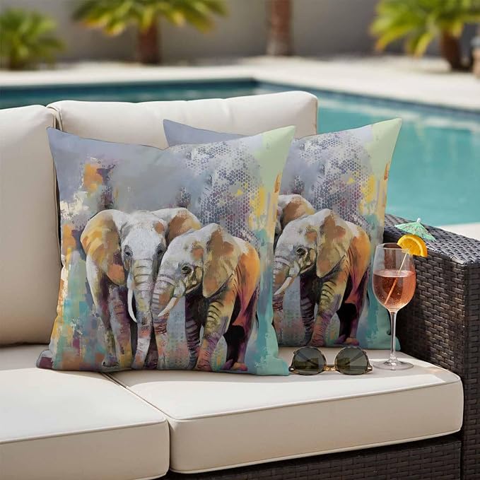 Elephants Outdoor Pillow Covers 18"x18" Set of 2, Animal Abstract Splatters Bohemian Waterproof Throw Pillow Covers for Patio Furniture, Decorative Cushion Covers for Porch