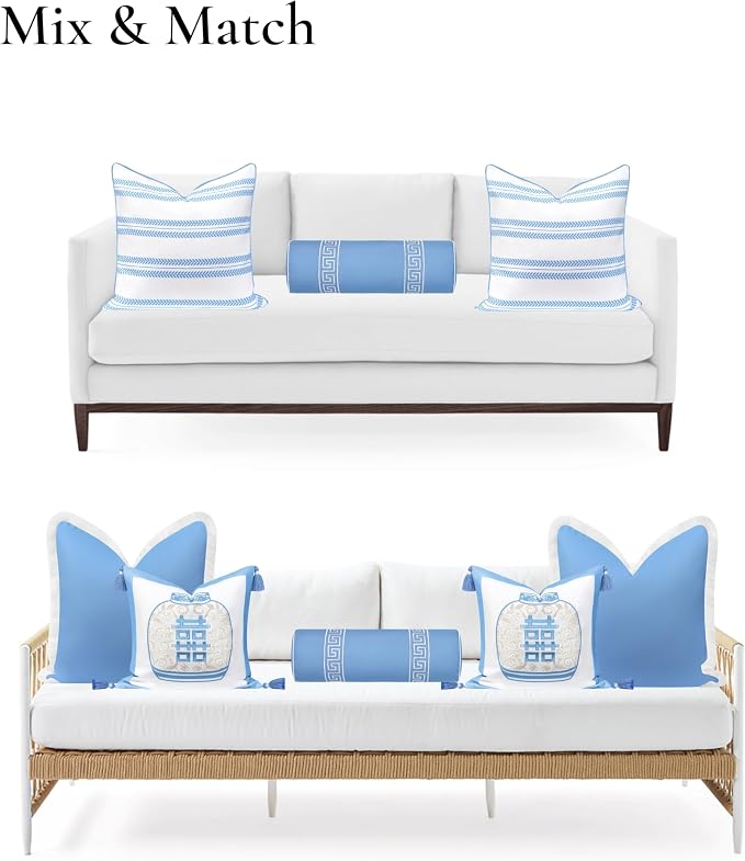 Hofdeco Premium Coastal Hampton Patio Indoor Outdoor Bolster Pillow Cover Only, 8"x24" Water Repellent for Backyard, Couch, Poolside, Azure Blue Embroidered Greek Key